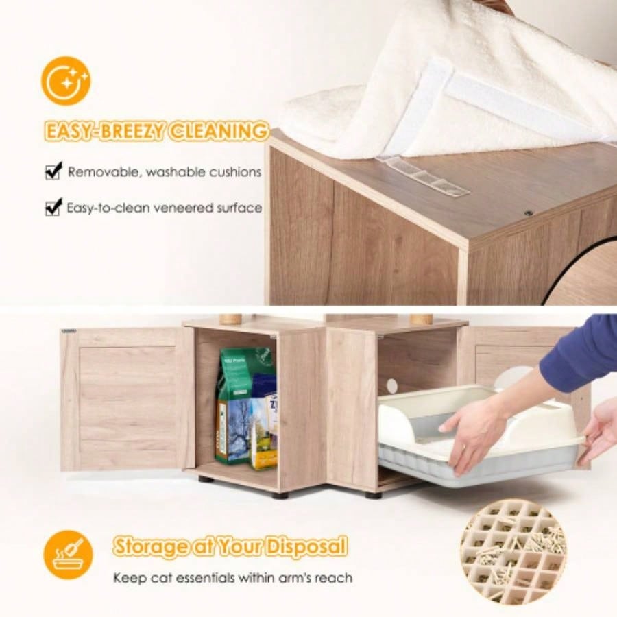 63 Multi - Functional Tree with Litter Box - Includes Removable Washable Cushion, Scratching Posts Toy Hanger, Modern Design, Rustic Gray