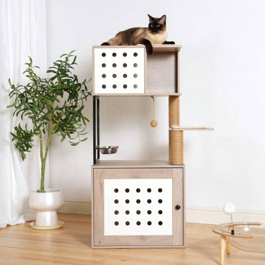 Tree with Litter Box Enclosure, All - in - one Tower Indoor Cats with Large Hammock, Bed, Food Station, Scratching Posts, Modern Style Pet Furniture, Gray+white