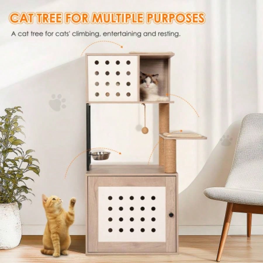 Tree with Litter Box Enclosure, All - in - one Tower Indoor Cats with Large Hammock, Bed, Food Station, Scratching Posts, Modern Style Pet Furniture, Gray+white