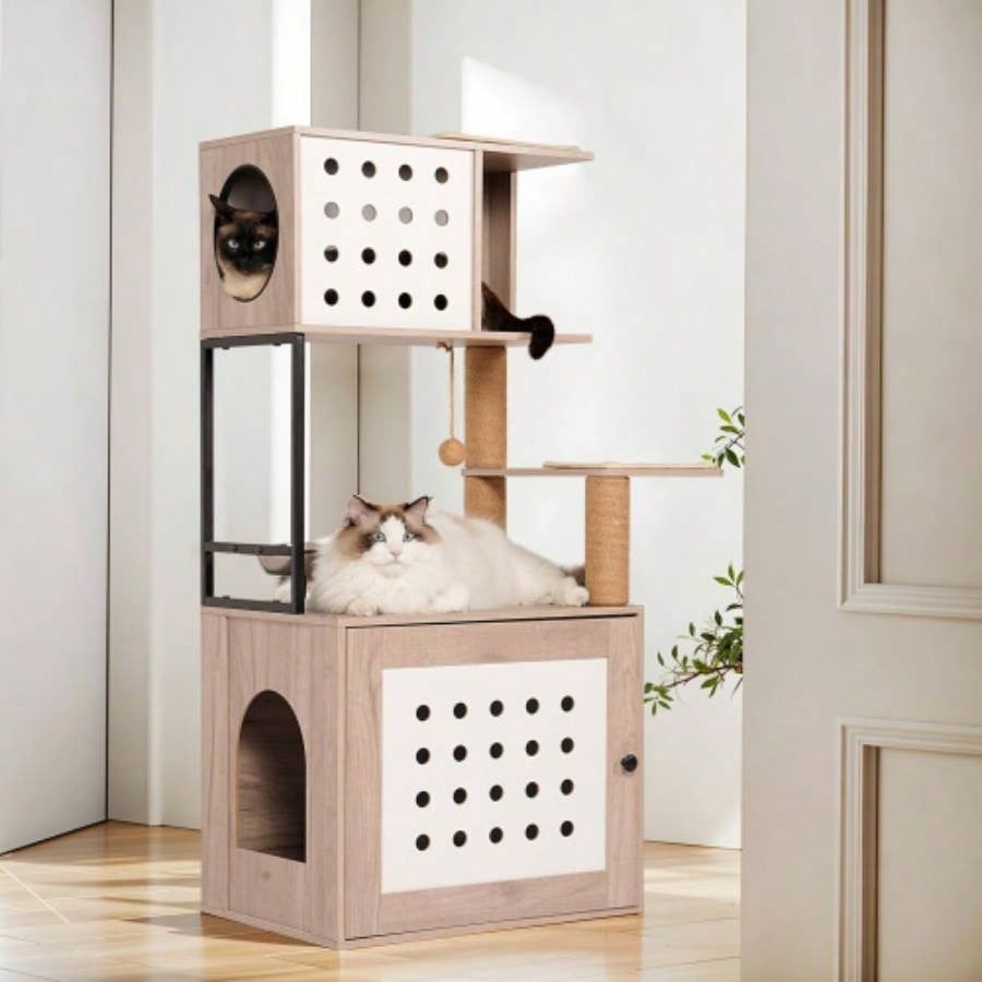 Tree with Litter Box Enclosure, All - in - one Tower Indoor Cats with Large Hammock, Bed, Food Station, Scratching Posts, Modern Style Pet Furniture, Gray+white