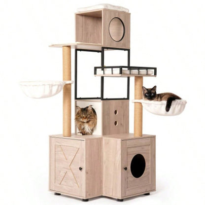 63 Multi - Functional Tree with Litter Box - Includes Removable Washable Cushion, Scratching Posts Toy Hanger, Modern Design, Rustic Gray