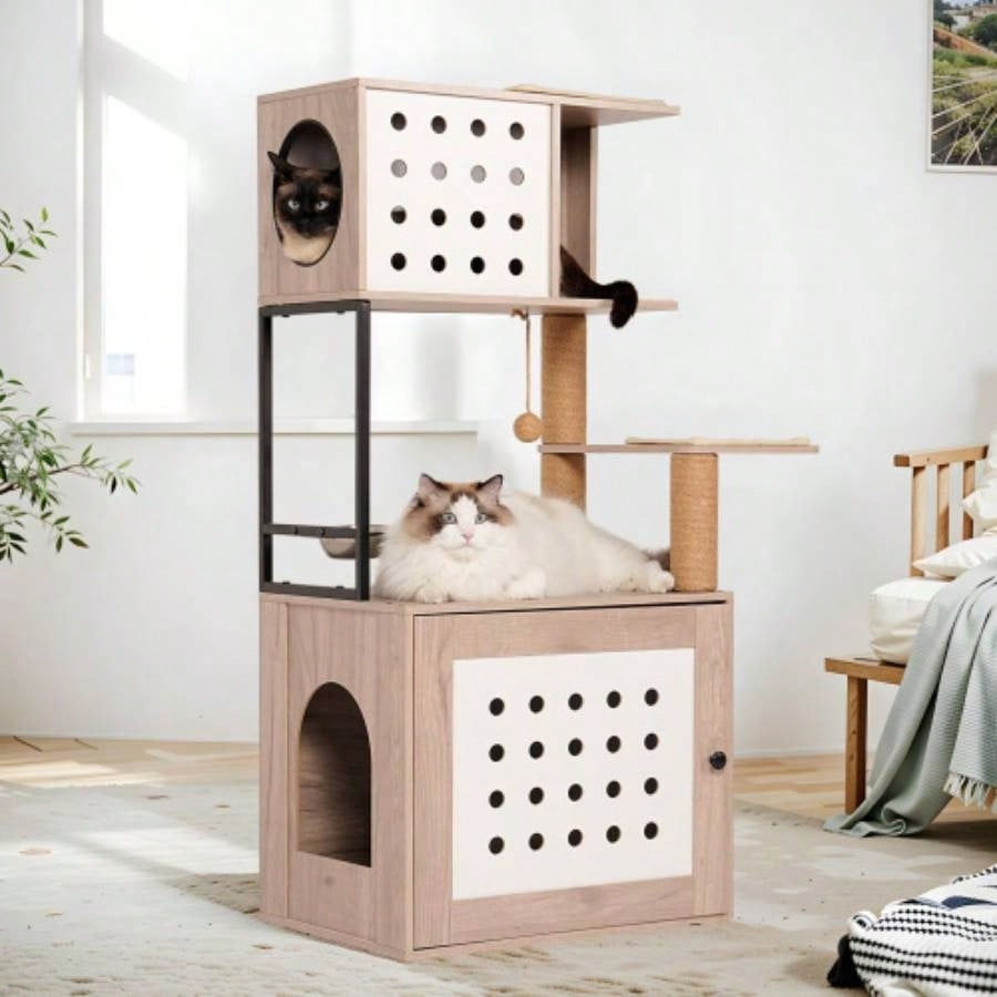 Tree with Litter Box Enclosure, All - in - one Tower Indoor Cats with Large Hammock, Bed, Food Station, Scratching Posts, Modern Style Pet Furniture, Gray+white