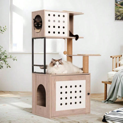 Tree with Litter Box Enclosure, All - in - one Tower Indoor Cats with Large Hammock, Bed, Food Station, Scratching Posts, Modern Style Pet Furniture, Gray+white