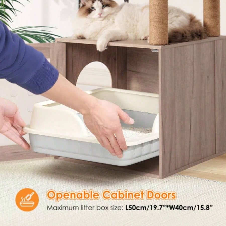Tree with Litter Box Enclosure, All - in - one Tower Indoor Cats with Large Hammock, Bed, Food Station, Scratching Posts, Modern Style Pet Furniture, Gray+white