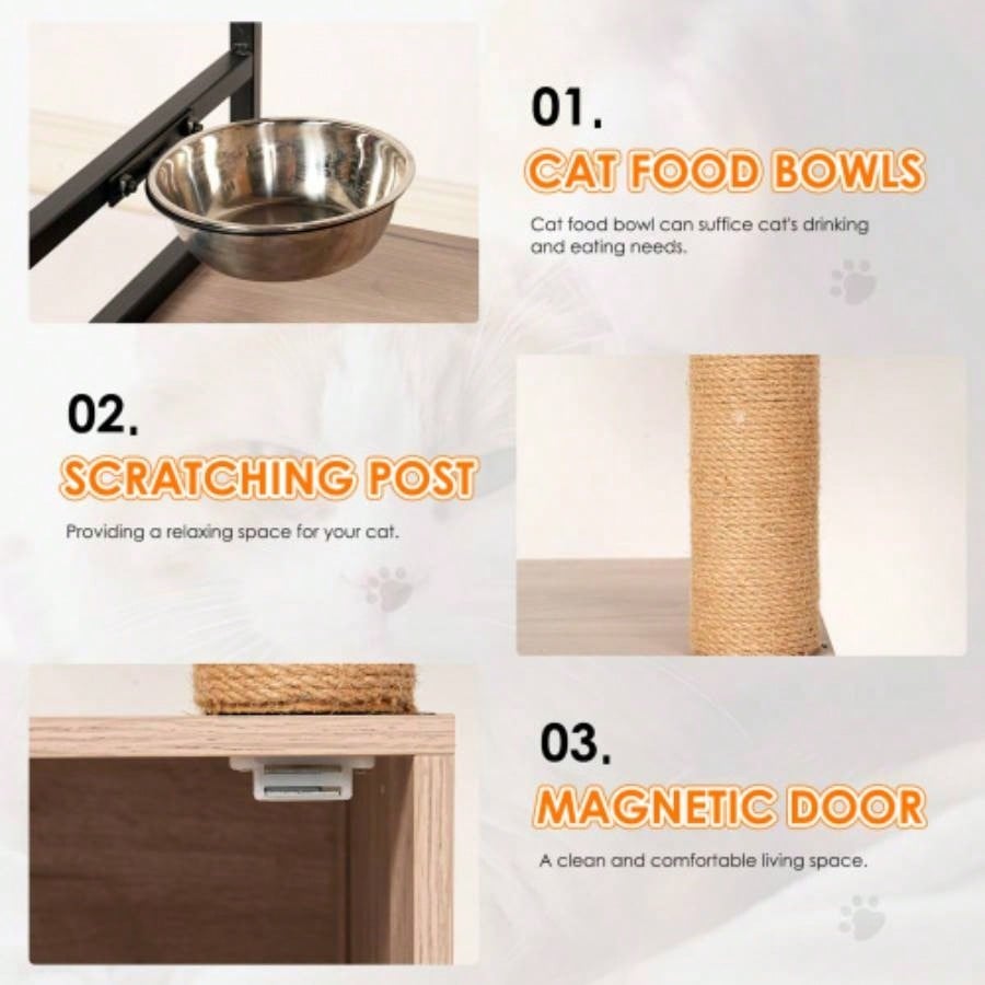 Tree with Litter Box Enclosure, All - in - one Tower Indoor Cats with Large Hammock, Bed, Food Station, Scratching Posts, Modern Style Pet Furniture, Gray+white