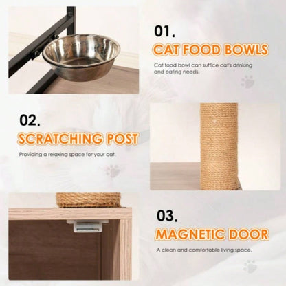 Tree with Litter Box Enclosure, All - in - one Tower Indoor Cats with Large Hammock, Bed, Food Station, Scratching Posts, Modern Style Pet Furniture, Gray+white