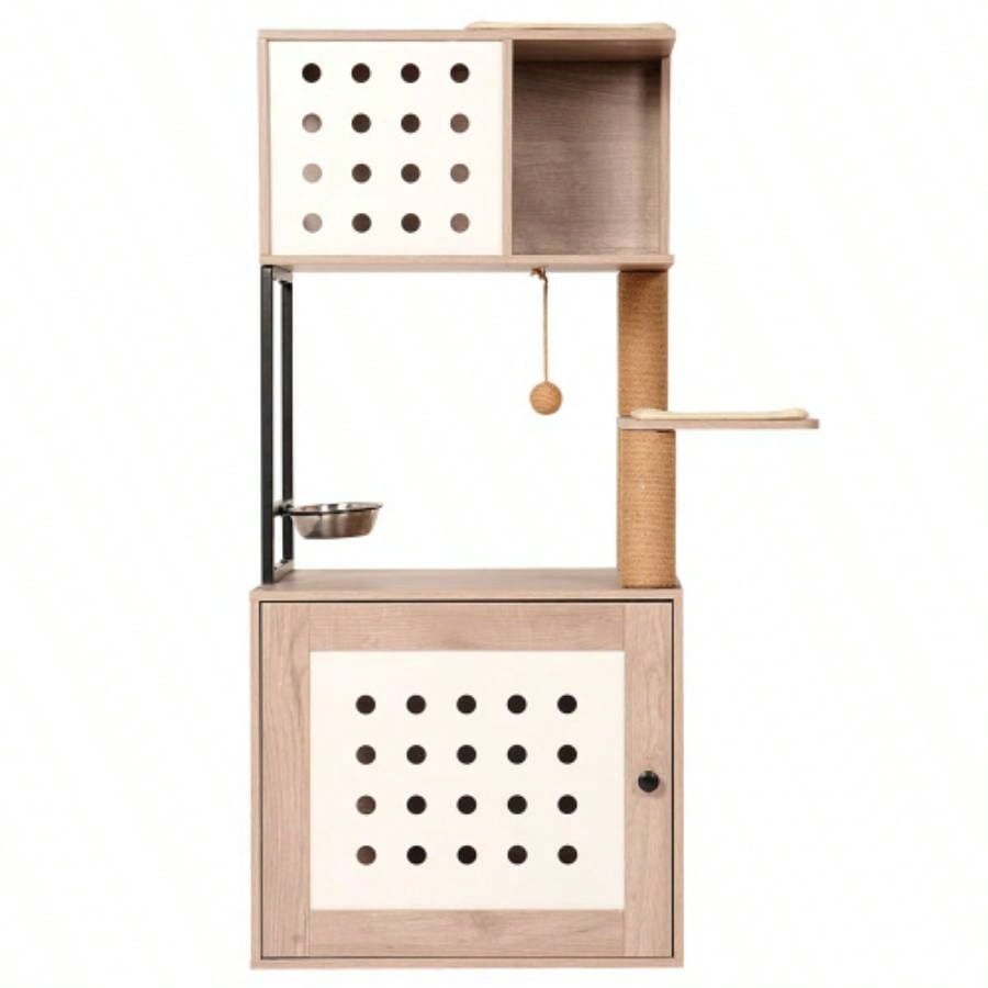 Tree with Litter Box Enclosure, All - in - one Tower Indoor Cats with Large Hammock, Bed, Food Station, Scratching Posts, Modern Style Pet Furniture, Gray+white