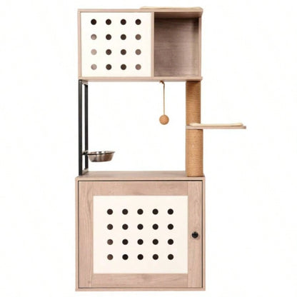 Tree with Litter Box Enclosure, All - in - one Tower Indoor Cats with Large Hammock, Bed, Food Station, Scratching Posts, Modern Style Pet Furniture, Gray+white