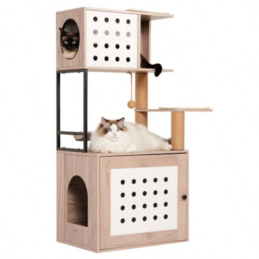 Tree with Litter Box Enclosure, All - in - one Tower Indoor Cats with Large Hammock, Bed, Food Station, Scratching Posts, Modern Style Pet Furniture, Gray+white