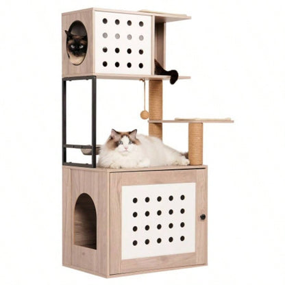 Tree with Litter Box Enclosure, All - in - one Tower Indoor Cats with Large Hammock, Bed, Food Station, Scratching Posts, Modern Style Pet Furniture, Gray+white