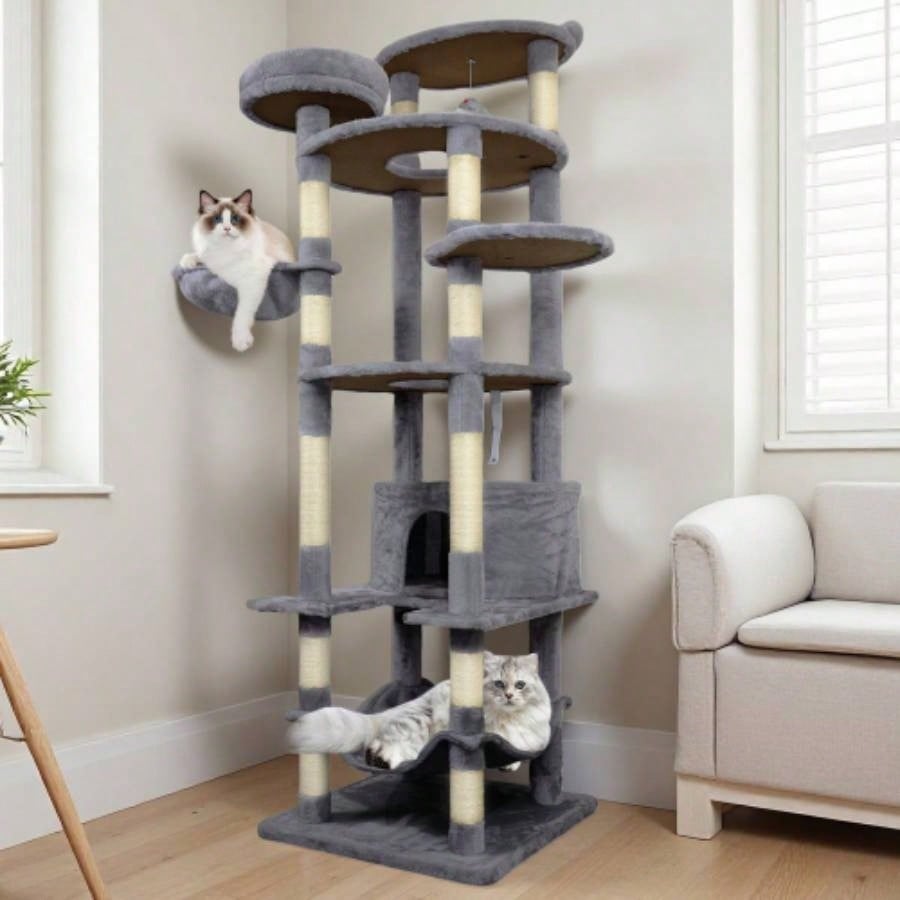 78 in dark gray tree tower with large condo sisal scratching post big hammock and top platform