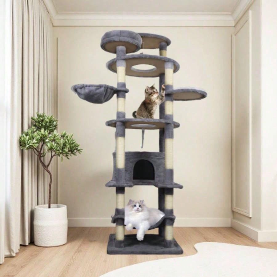 78 in dark gray tree tower with large condo sisal scratching post big hammock and top platform