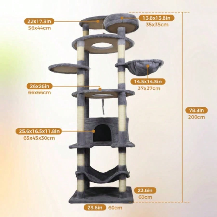 78 in dark gray tree tower with large condo sisal scratching post big hammock and top platform