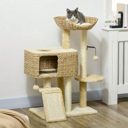 PawHut 38 Tree Indoor Cats, Tower with Scratching Posts, Ramp, Condo, Toy Balls, Platform, Bed, Ramp, Beige