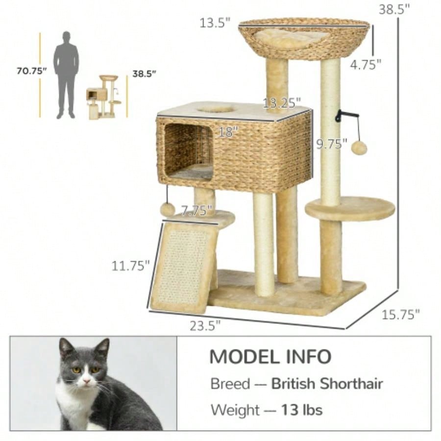 PawHut 38 Tree Indoor Cats, Tower with Scratching Posts, Ramp, Condo, Toy Balls, Platform, Bed, Ramp, Beige