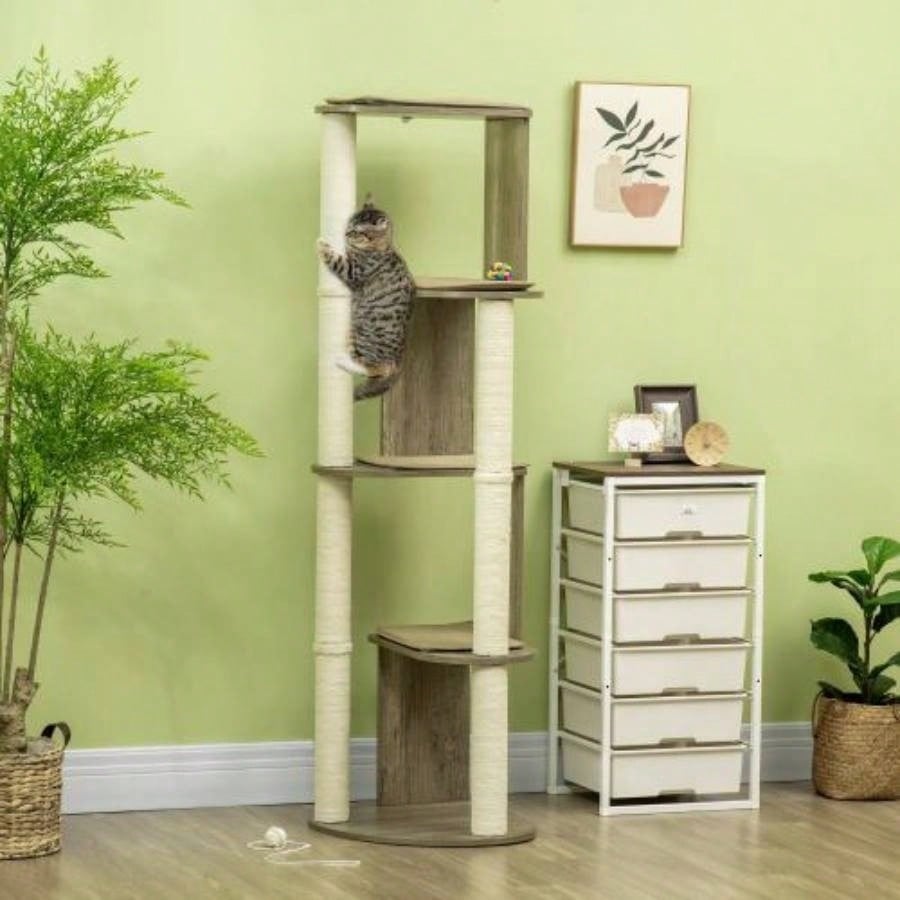 PawHut 65 Corner Modern Tree Tall Climbing, Large Multilevel Tower with Scratching Posts, Small - Fit Kitten Tower with Sisal, White
