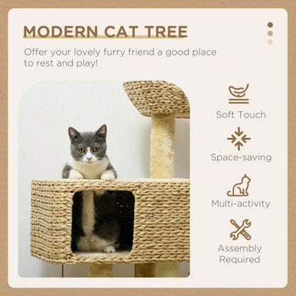 PawHut 38 Tree Indoor Cats, Tower with Scratching Posts, Ramp, Condo, Toy Balls, Platform, Bed, Ramp, Beige
