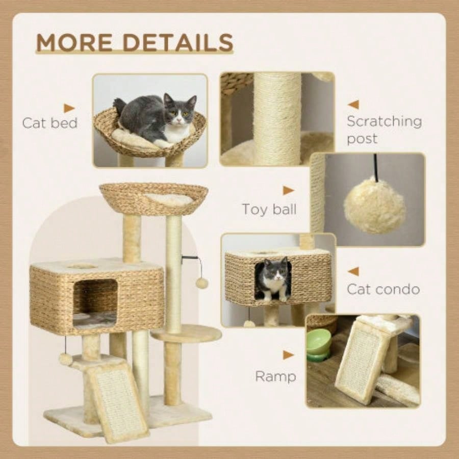 PawHut 38 Tree Indoor Cats, Tower with Scratching Posts, Ramp, Condo, Toy Balls, Platform, Bed, Ramp, Beige