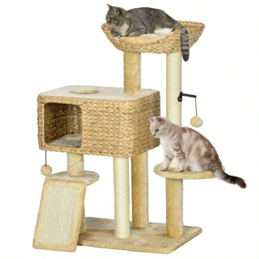 PawHut 38 Tree Indoor Cats, Tower with Scratching Posts, Ramp, Condo, Toy Balls, Platform, Bed, Ramp, Beige