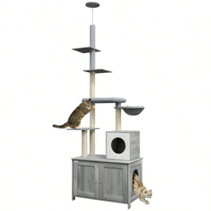 PawHut Tree with Litter Box Enclosure, 2 in 1 Floor to Ceiling Tower Litter Box Furniture with Condo, Bed, Hammock, Scratching Posts, and Platforms Indoor Use, Gray