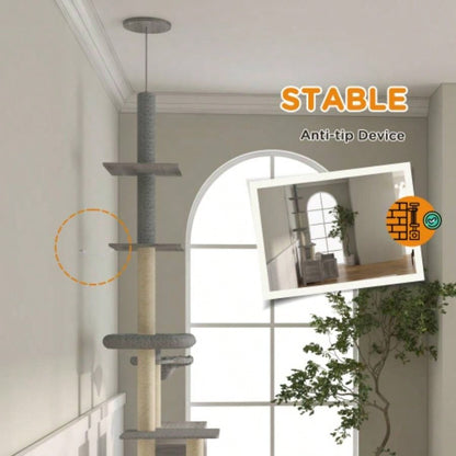 PawHut Tree with Litter Box Enclosure, 2 in 1 Floor to Ceiling Tower Litter Box Furniture with Condo, Bed, Hammock, Scratching Posts, and Platforms Indoor Use, Gray