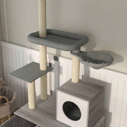 PawHut Tree with Litter Box Enclosure, 2 in 1 Floor to Ceiling Tower Litter Box Furniture with Condo, Bed, Hammock, Scratching Posts, and Platforms Indoor Use, Gray