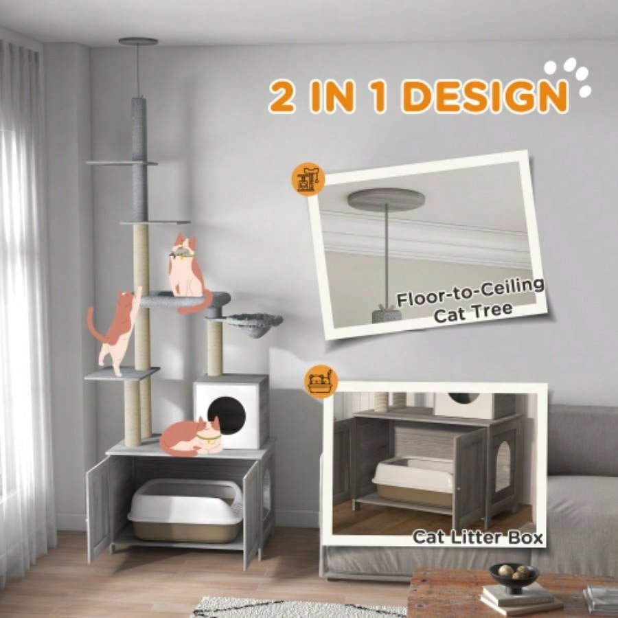 PawHut Tree with Litter Box Enclosure, 2 in 1 Floor to Ceiling Tower Litter Box Furniture with Condo, Bed, Hammock, Scratching Posts, and Platforms Indoor Use, Gray