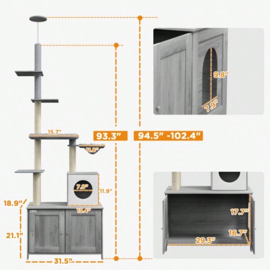 PawHut Tree with Litter Box Enclosure, 2 in 1 Floor to Ceiling Tower Litter Box Furniture with Condo, Bed, Hammock, Scratching Posts, and Platforms Indoor Use, Gray