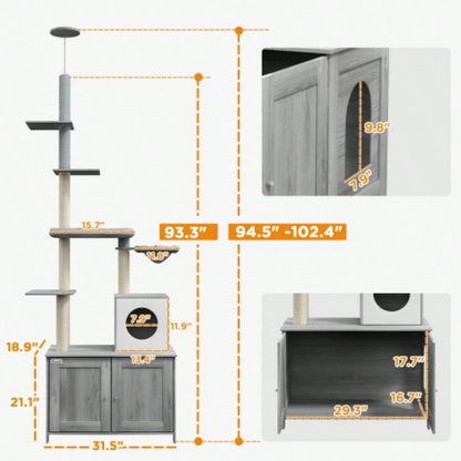 PawHut Tree with Litter Box Enclosure, 2 in 1 Floor to Ceiling Tower Litter Box Furniture with Condo, Bed, Hammock, Scratching Posts, and Platforms Indoor Use, Gray