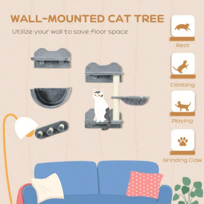 PawHut Wall Shelves, 4 Pcs Wall Furniture Climbing Shelf with Hammock, 3 Steps, Perches, Scratching Post, Sleeping, Playing, Gray