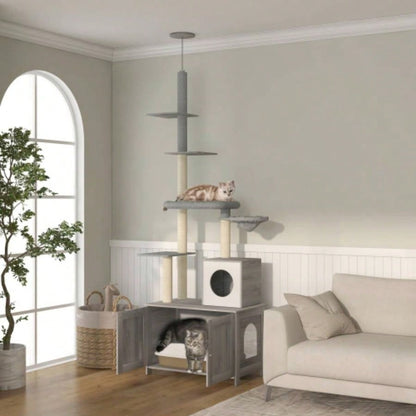 PawHut Tree with Litter Box Enclosure, 2 in 1 Floor to Ceiling Tower Litter Box Furniture with Condo, Bed, Hammock, Scratching Posts, and Platforms Indoor Use, Gray