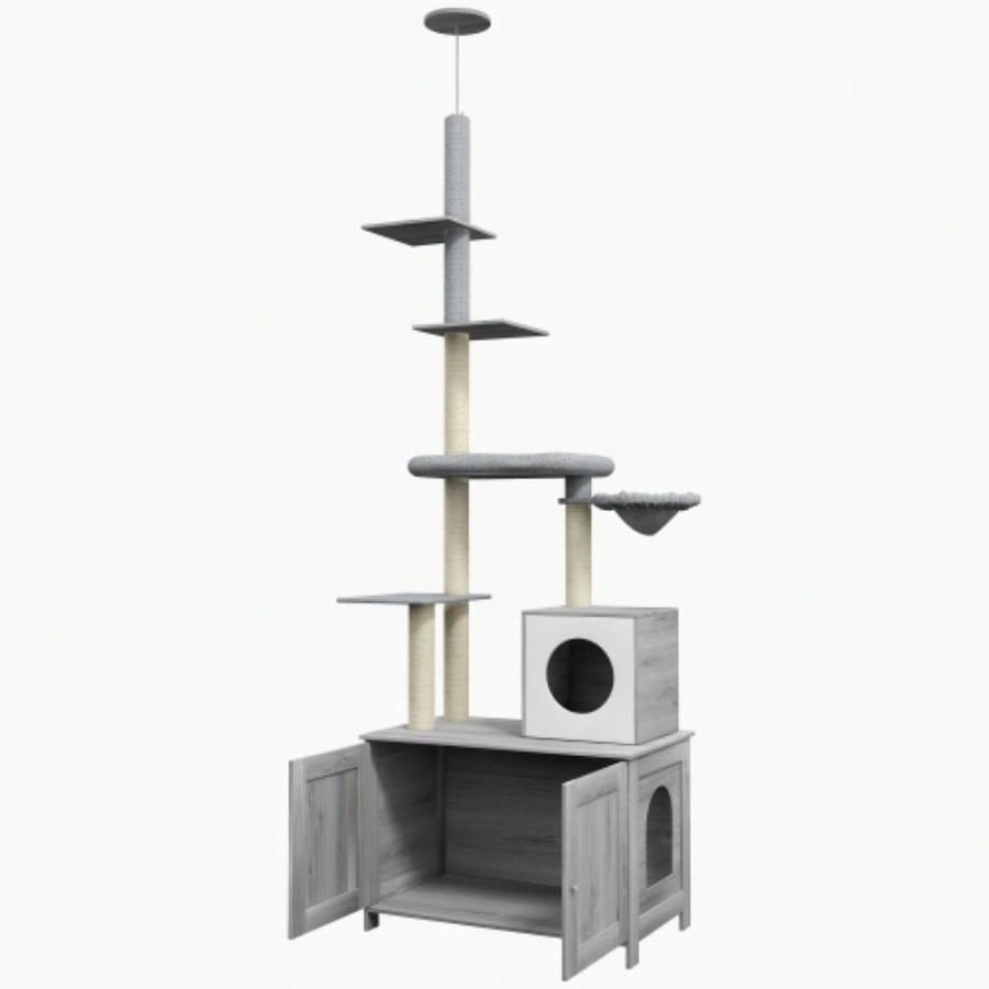 PawHut Tree with Litter Box Enclosure, 2 in 1 Floor to Ceiling Tower Litter Box Furniture with Condo, Bed, Hammock, Scratching Posts, and Platforms Indoor Use, Gray