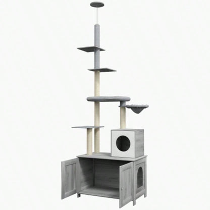 PawHut Tree with Litter Box Enclosure, 2 in 1 Floor to Ceiling Tower Litter Box Furniture with Condo, Bed, Hammock, Scratching Posts, and Platforms Indoor Use, Gray