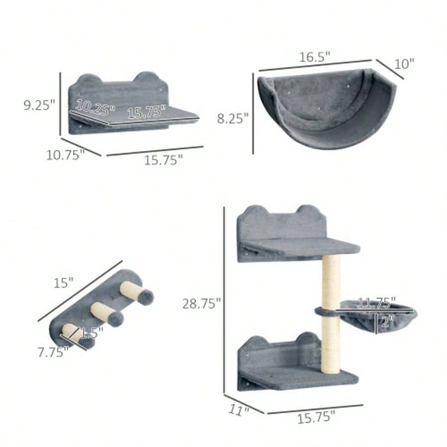 PawHut Wall Shelves, 4 Pcs Wall Furniture Climbing Shelf with Hammock, 3 Steps, Perches, Scratching Post, Sleeping, Playing, Gray