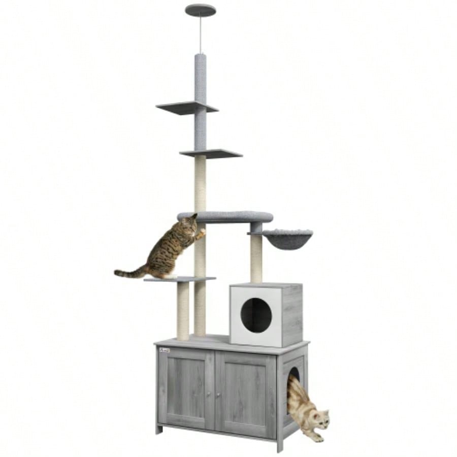 PawHut Tree with Litter Box Enclosure, 2 in 1 Floor to Ceiling Tower Litter Box Furniture with Condo, Bed, Hammock, Scratching Posts, and Platforms Indoor Use, Gray
