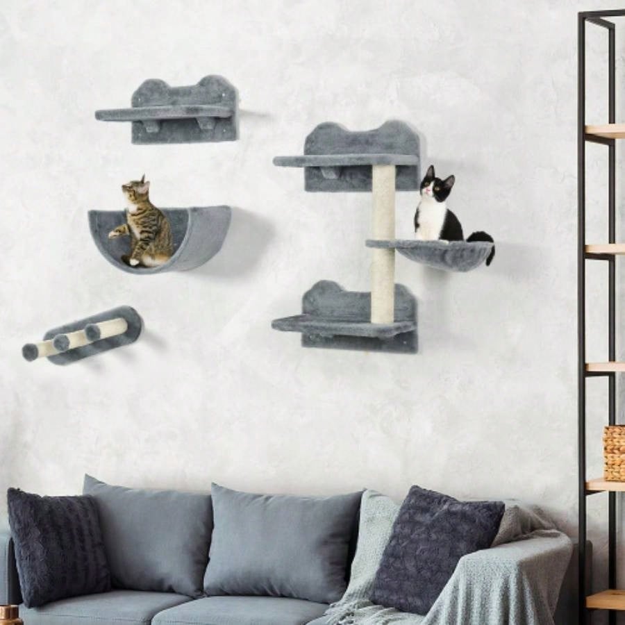 PawHut Wall Shelves, 4 Pcs Wall Furniture Climbing Shelf with Hammock, 3 Steps, Perches, Scratching Post, Sleeping, Playing, Gray