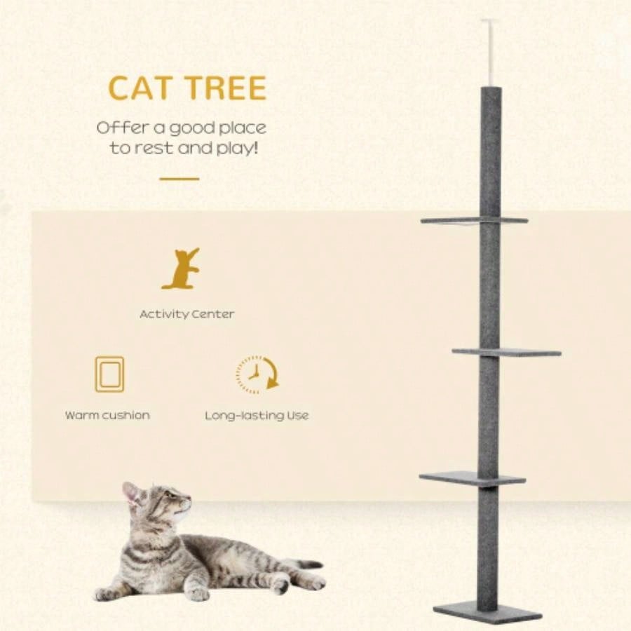 PawHut Floor - to - Ceiling Tree Climbing Tower with Sisal - Covered Scratching Posts Natural Tree Activity Center kittens tower furniture,