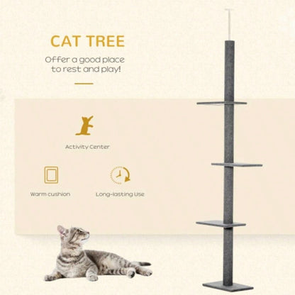 PawHut Floor - to - Ceiling Tree Climbing Tower with Sisal - Covered Scratching Posts Natural Tree Activity Center kittens tower furniture,