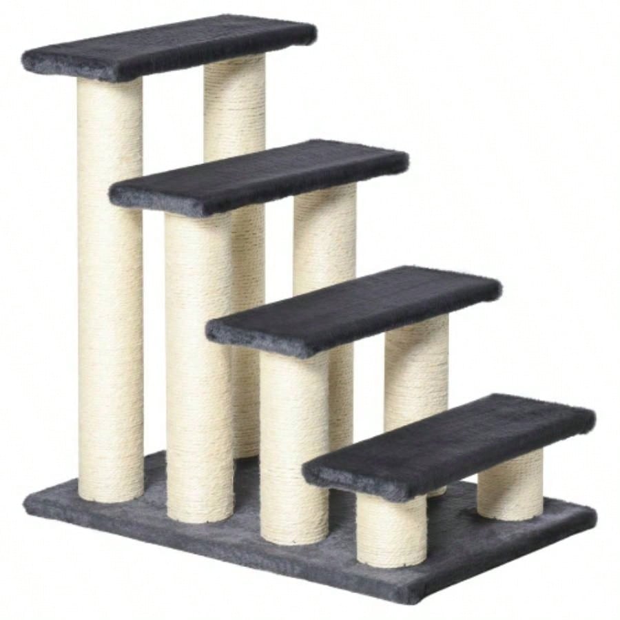 PawHut Tree with 4 Steps High Beds Couch, Cute Stair Shaped Tree Indoor Cats or Dogs/ Sisal Scratching Post, Climbing, Playing, Gray