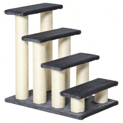 PawHut Tree with 4 Steps High Beds Couch, Cute Stair Shaped Tree Indoor Cats or Dogs/ Sisal Scratching Post, Climbing, Playing, Gray