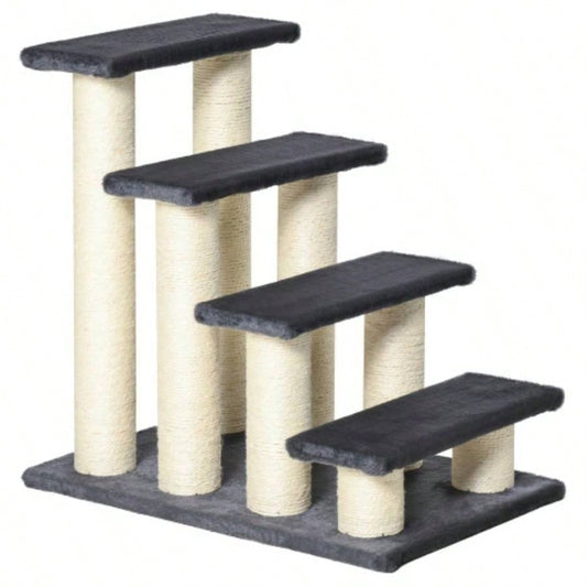 PawHut Tree with 4 Steps High Beds Couch, Cute Stair Shaped Tree Indoor Cats or Dogs/ Sisal Scratching Post, Climbing, Playing, Gray