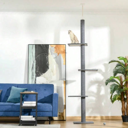 PawHut Floor - to - Ceiling Tree Climbing Tower with Sisal - Covered Scratching Posts Natural Tree Activity Center kittens tower furniture,