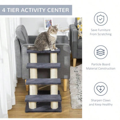 PawHut Tree with 4 Steps High Beds Couch, Cute Stair Shaped Tree Indoor Cats or Dogs/ Sisal Scratching Post, Climbing, Playing, Gray