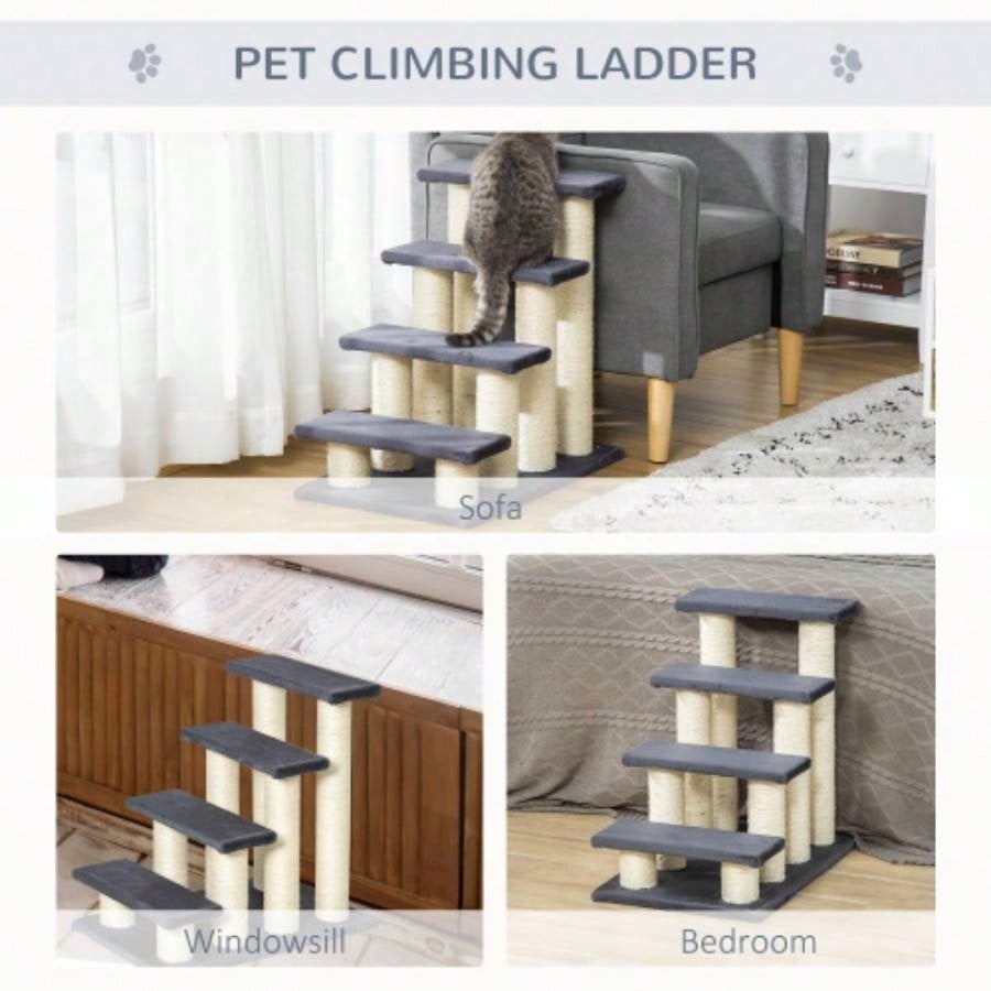 PawHut Tree with 4 Steps High Beds Couch, Cute Stair Shaped Tree Indoor Cats or Dogs/ Sisal Scratching Post, Climbing, Playing, Gray
