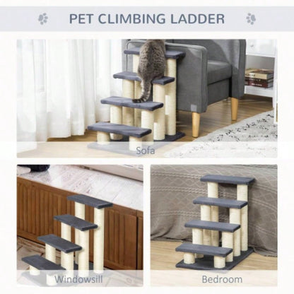 PawHut Tree with 4 Steps High Beds Couch, Cute Stair Shaped Tree Indoor Cats or Dogs/ Sisal Scratching Post, Climbing, Playing, Gray