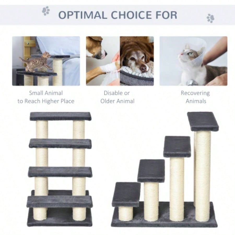 PawHut Tree with 4 Steps High Beds Couch, Cute Stair Shaped Tree Indoor Cats or Dogs/ Sisal Scratching Post, Climbing, Playing, Gray