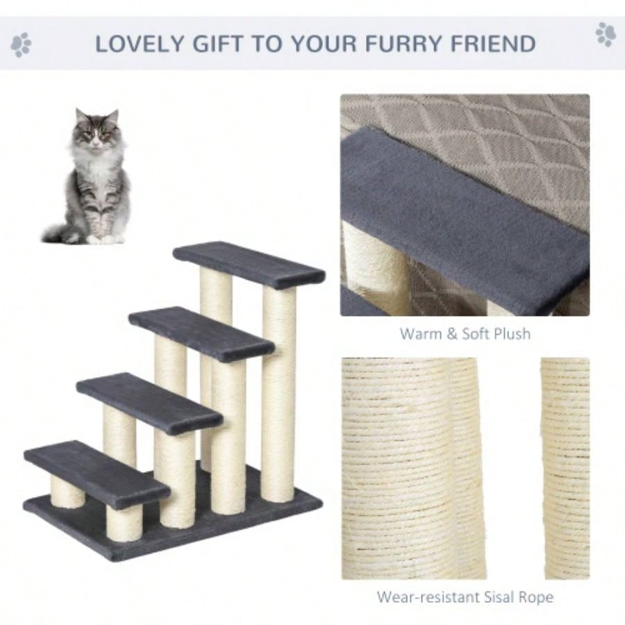 PawHut Tree with 4 Steps High Beds Couch, Cute Stair Shaped Tree Indoor Cats or Dogs/ Sisal Scratching Post, Climbing, Playing, Gray