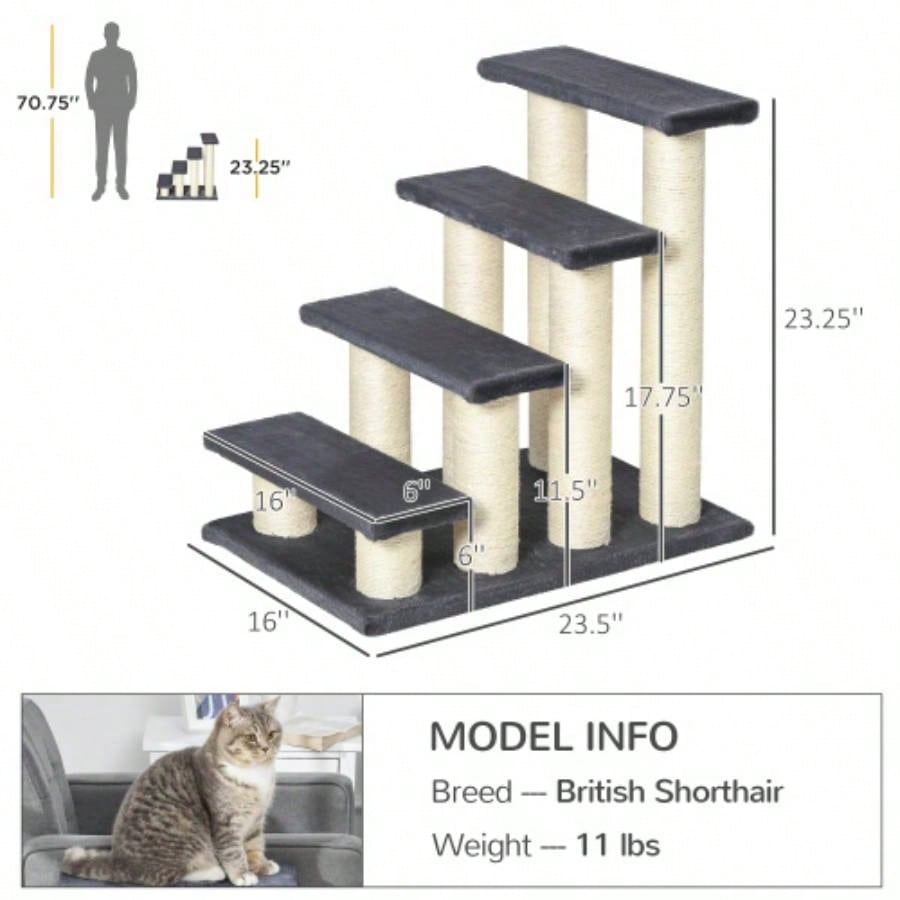 PawHut Tree with 4 Steps High Beds Couch, Cute Stair Shaped Tree Indoor Cats or Dogs/ Sisal Scratching Post, Climbing, Playing, Gray
