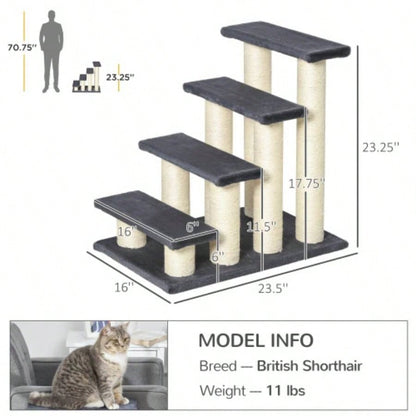 PawHut Tree with 4 Steps High Beds Couch, Cute Stair Shaped Tree Indoor Cats or Dogs/ Sisal Scratching Post, Climbing, Playing, Gray