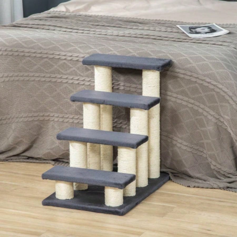 PawHut Tree with 4 Steps High Beds Couch, Cute Stair Shaped Tree Indoor Cats or Dogs/ Sisal Scratching Post, Climbing, Playing, Gray